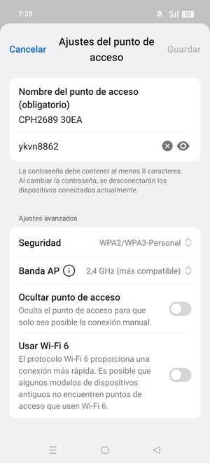 Introduzca una contraseña de punto de acceso Wi-Fi de al menos 8 caracteres y seleccione Guardar