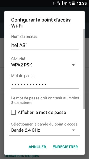 Saisissez un mot de passe de hotspot Wi-Fi d'au moins 8 caractères et sélectionnez ENREGISTRER