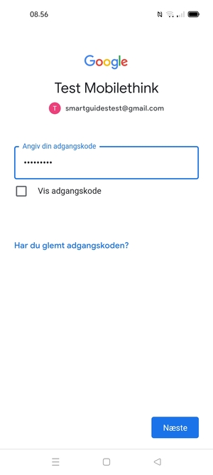 Indtast din adgangskode og vælg Næste