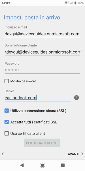 Inserisci Nome utente e l'indirizzo del server Exchange. Seleziona AVANTI