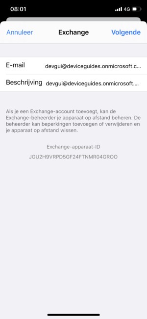 Voer uw Exchange e-mailgegevens in en selecteer Volgende