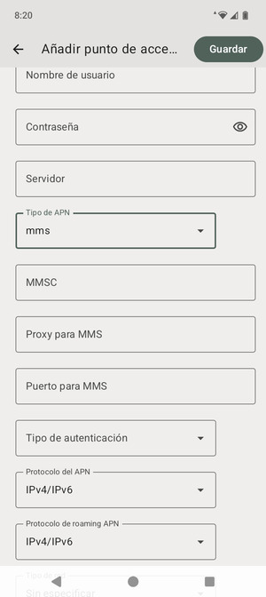 Desplácese hacia abajo e introduzca la información MMS