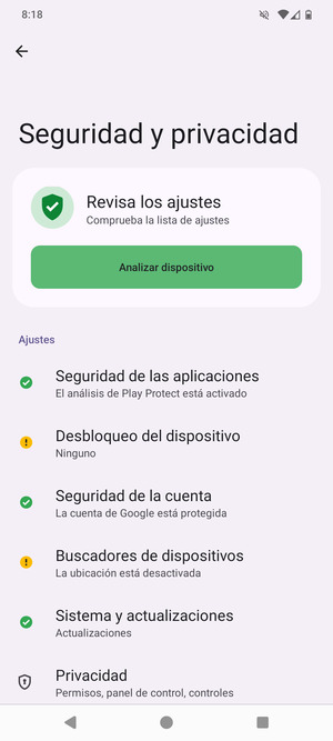 Para activar su bloqueo de pantalla, vaya al menú Seguridad y privacidad y seleccione Desbloqueo del dispositivo