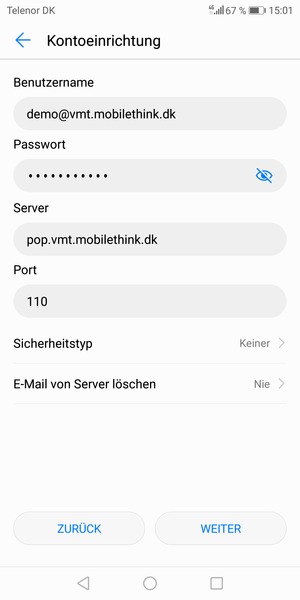Geben Sie Benutzername und die Server-Adresse für eingehende Post ein. Wählen Sie WEITER