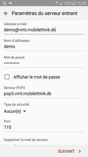 Saisissez votre Nom d'utilisateur et l'adresse du serveur entrant. Sélectionnez SUIVANT