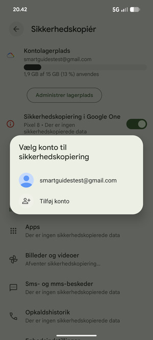Vælg din sikkerhedskopi-konto