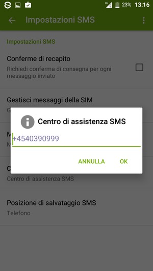 Inserisci il numero di Centro di assistenza SMS e seleziona OK