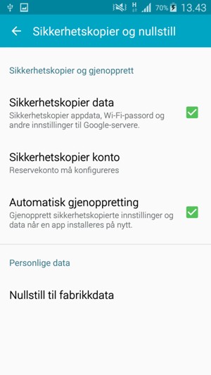 Slå på Sikkerhetskopier data og velg Sikkerhetskopier konto