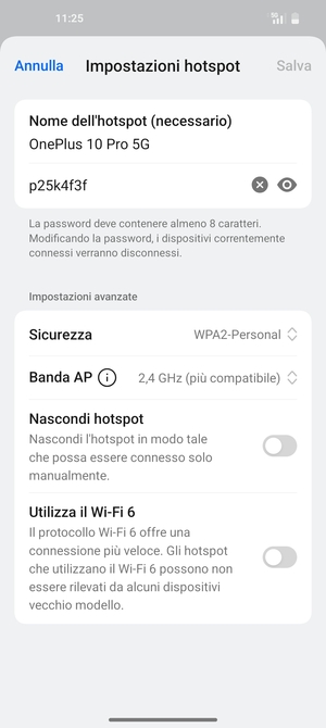 Inserisci una password dell'hotspot Wi-Fi di almeno 8 caratteri e seleziona Salva