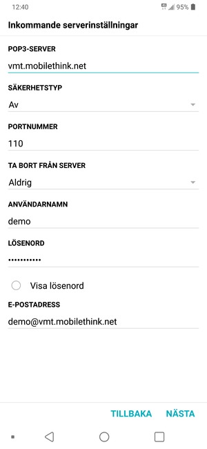 Ange Inkommande-serveradress och Användarnamn. Välj NÄSTA