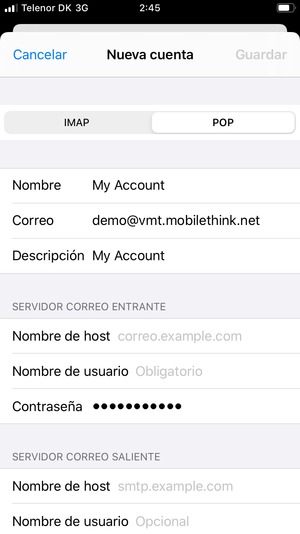 Seleccione POP o IMAP e introduzca la información de correo electrónico para SERVIDOR CORREO ENTRANTE