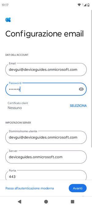 Inserisci Nome utente e l'indirizzo del server Exchange. Seleziona Avanti