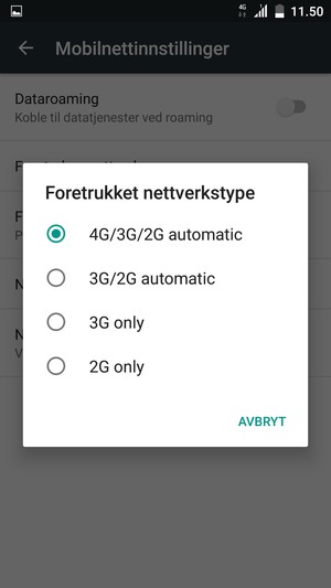Velg ønsket alternativ