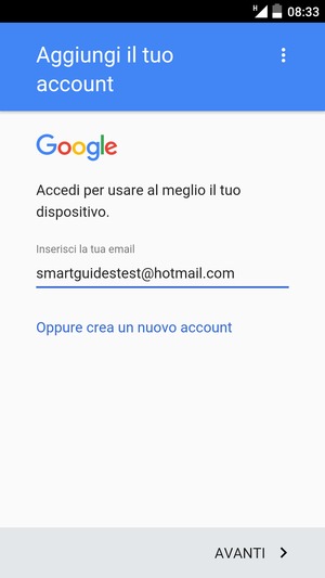 Inserisci il tuo indirizzo email e seleziona AVANTI