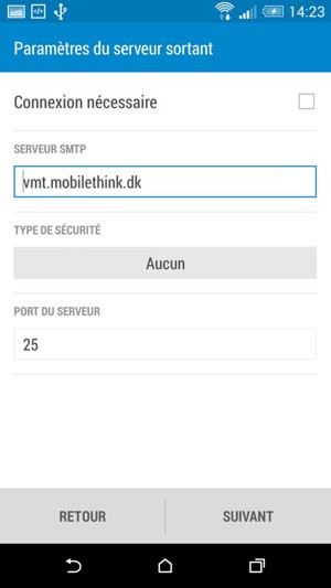 Saisissez les informations de messagerie pour les paramètres du serveur sortant. Sélectionnez SUIVANT