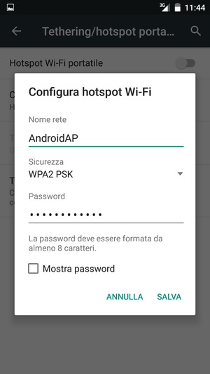 Inserisci una password dell'hotspot Wi-Fi di almeno 8 caratteri e seleziona SALVA