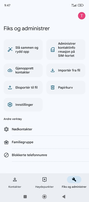 Velg Administrer kontaktinformasjon på SIM-kortet