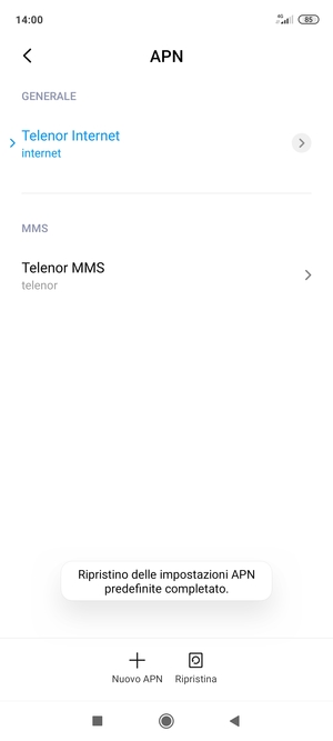 Le impostazioni del tuo telefono saranno ripristinate secondo le impostazioni internet e MMS predefinite