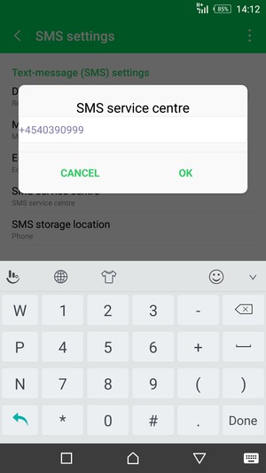Enter the SMS service centre number and select OK