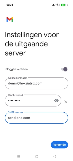Voer Uitgaand serveradres in en selecteer Volgende