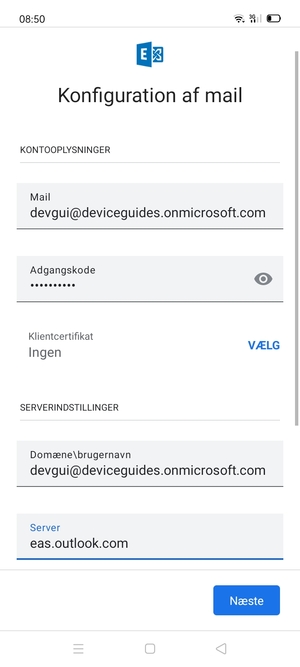 Indtast Brugernavn og Exchange serveradresse. Vælg Næste
