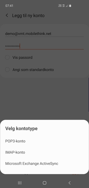 Velg POP3-konto eller IMAP-konto