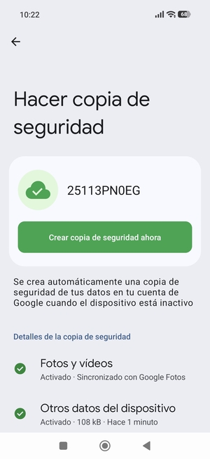 Seleccione Crear copia de seguridad ahora