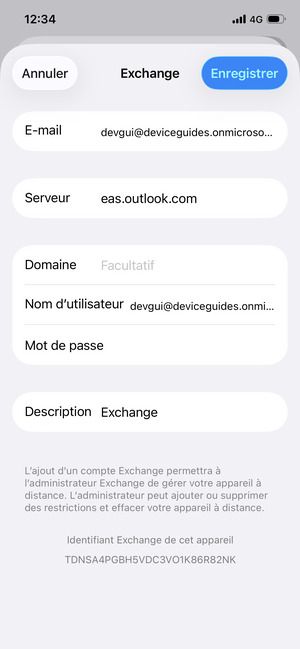 Saisissez vos informations de messagerie Exchange et sélectionnez Enregistrer
