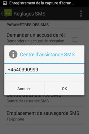 Saisissez le numéro du Centre d'assistance SMS et sélectionnez OK