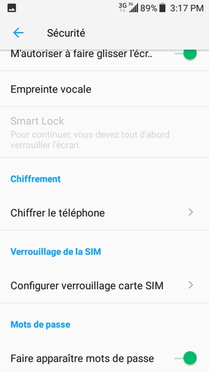 Sélectionnez Configurer verrouillage carte SIM