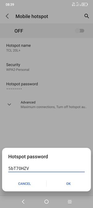 Enter a Wi-Fi hotspot password of at least 8 characters and select OK