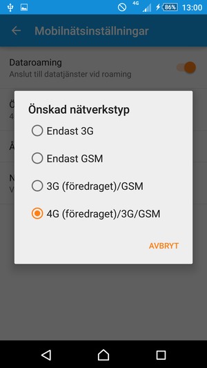 Välj Endast GSM för att aktivera 2G