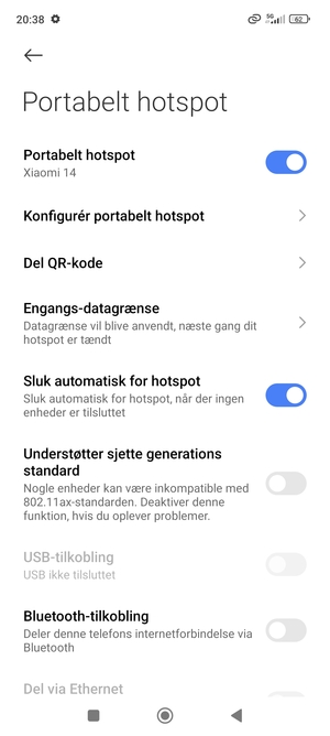 Din telefon er nu sat op til brug som modem