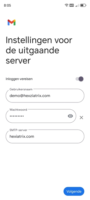 Voer Uitgaand serveradres in en selecteer Volgende