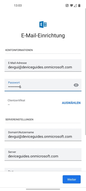 Geben Sie Benutzername und Exchange Server-Adresse ein. Wählen Sie Weiter