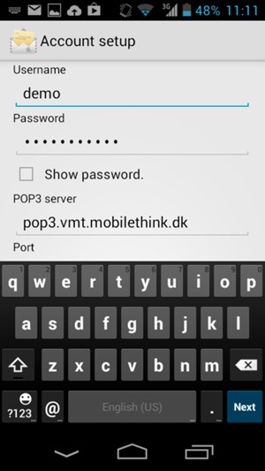 Enter Username and Incoming server address