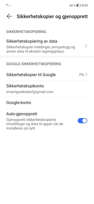 Velg Sikkerhetskopikonto