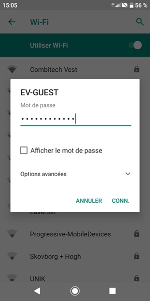 Saisissez le mot de passe du Wi-Fi et sélectionnez CONN.