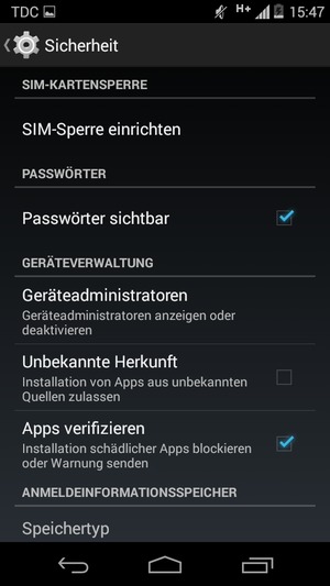 Um die PIN für die SIM-Karte zu wechseln, gehen Sie zum Sicherheit Menü zurück und wählen Sie SIM-Sperre einrichten