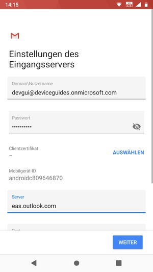 Geben Sie Benutzername und Exchange Server-Adresse ein. Wählen Sie WEITER