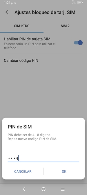 Confirme su nuevo código PIN de SIM y seleccione OK
