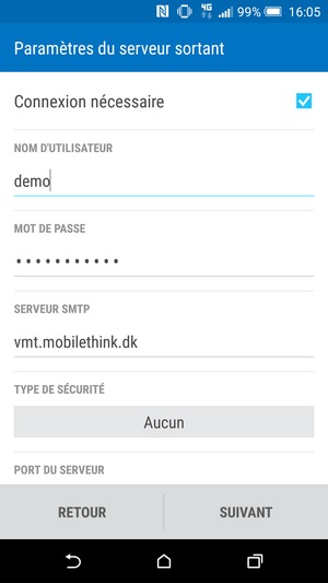 Saisissez l'adresse du serveur sortant