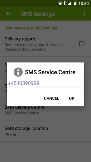 Enter the SMS Service Centre number and select OK