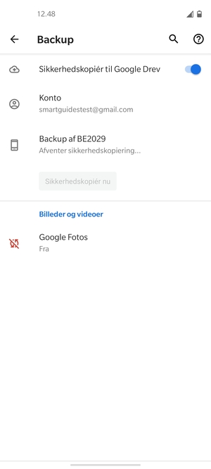 Vend tilbage til menuen Backup og vælg Konto