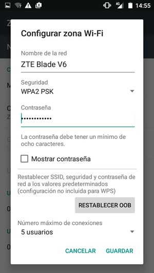 Introduzca una contraseña de punto de acceso Wi-Fi de al menos 8 caracteres y seleccione GUARDAR