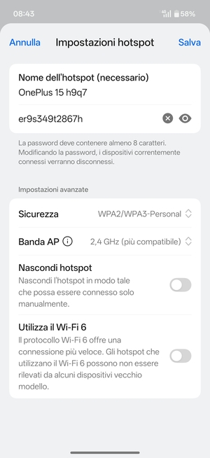 Inserisci una password dell'hotspot Wi-Fi di almeno 8 caratteri e seleziona Salva