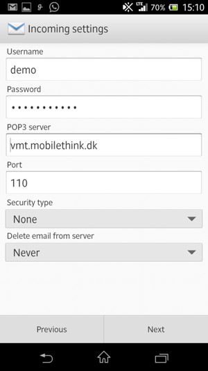 Enter Username and Incoming server address. Select Next