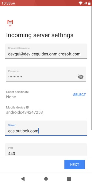 Enter Username and Exchange server address. Select NEXT
