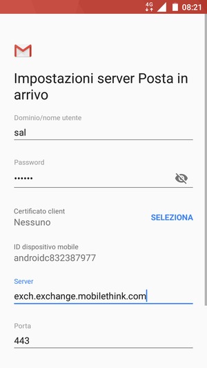 Inserisci Nome utente e l'indirizzo del server Exchange