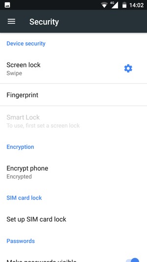 To activate your screen lock, go to the Security menu and select Screen lock